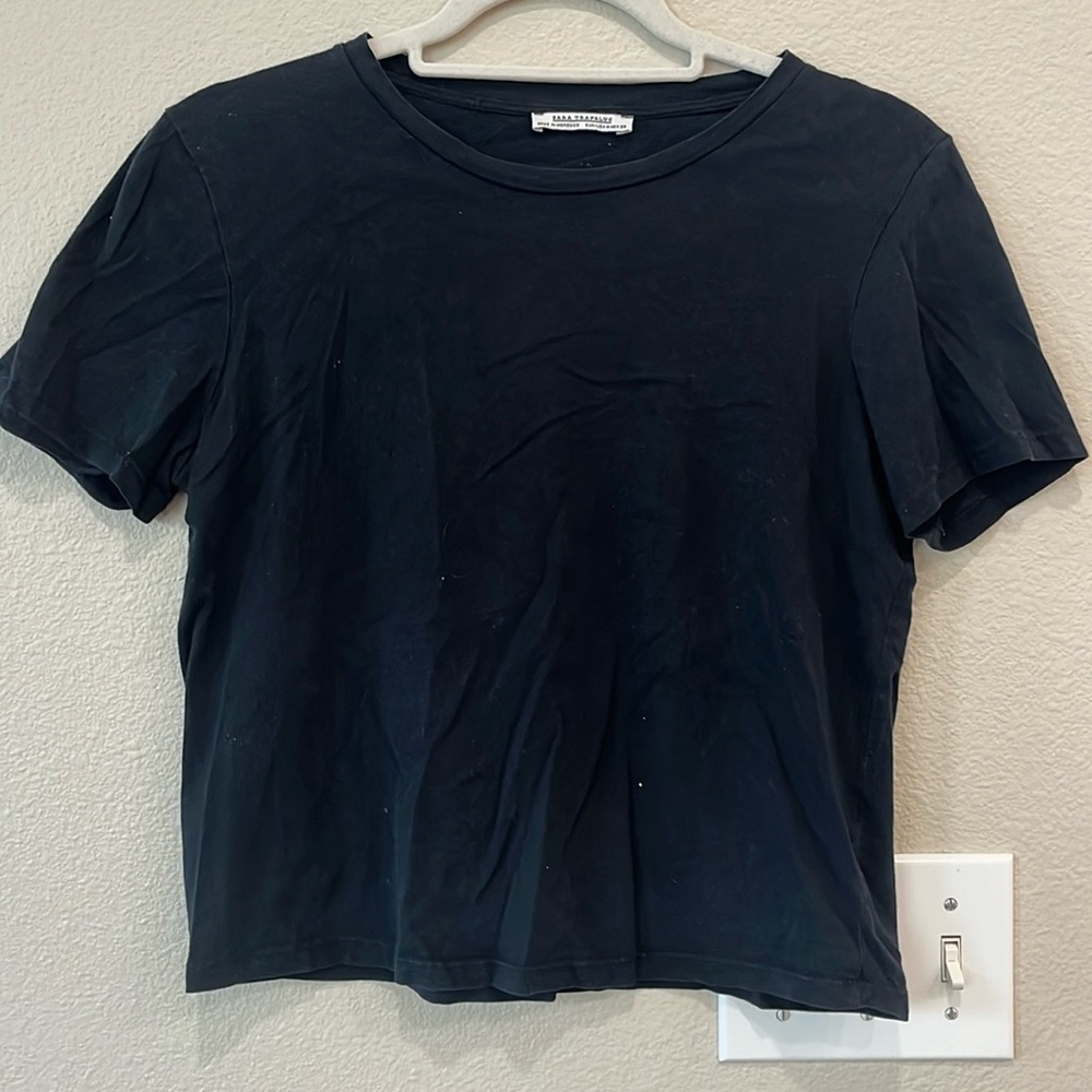 Black Zara cotton tee, hip length. Black, very soft, hung dry